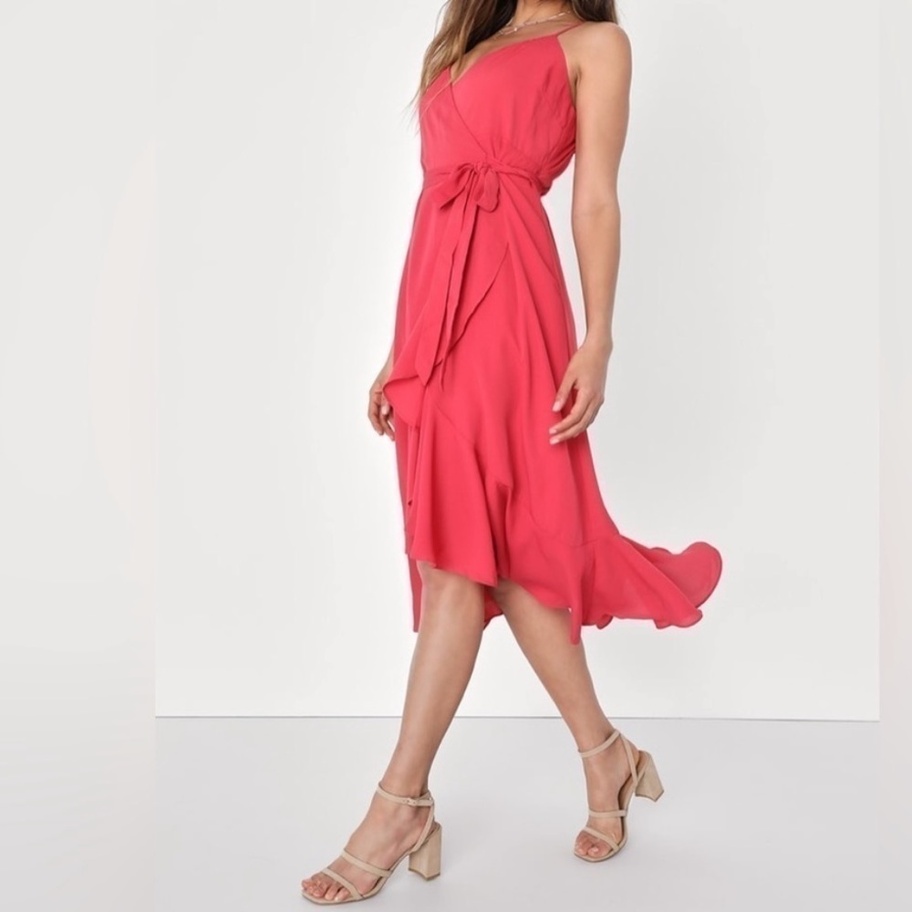 NWT LULUS Manhattan Moment Berry Pink Ruffled Midi Wrap Dress- Size XS